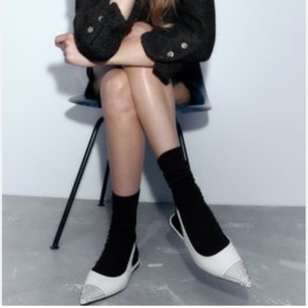 Zara NEW studded leather slingback ballet flats - Picture 6 of 7